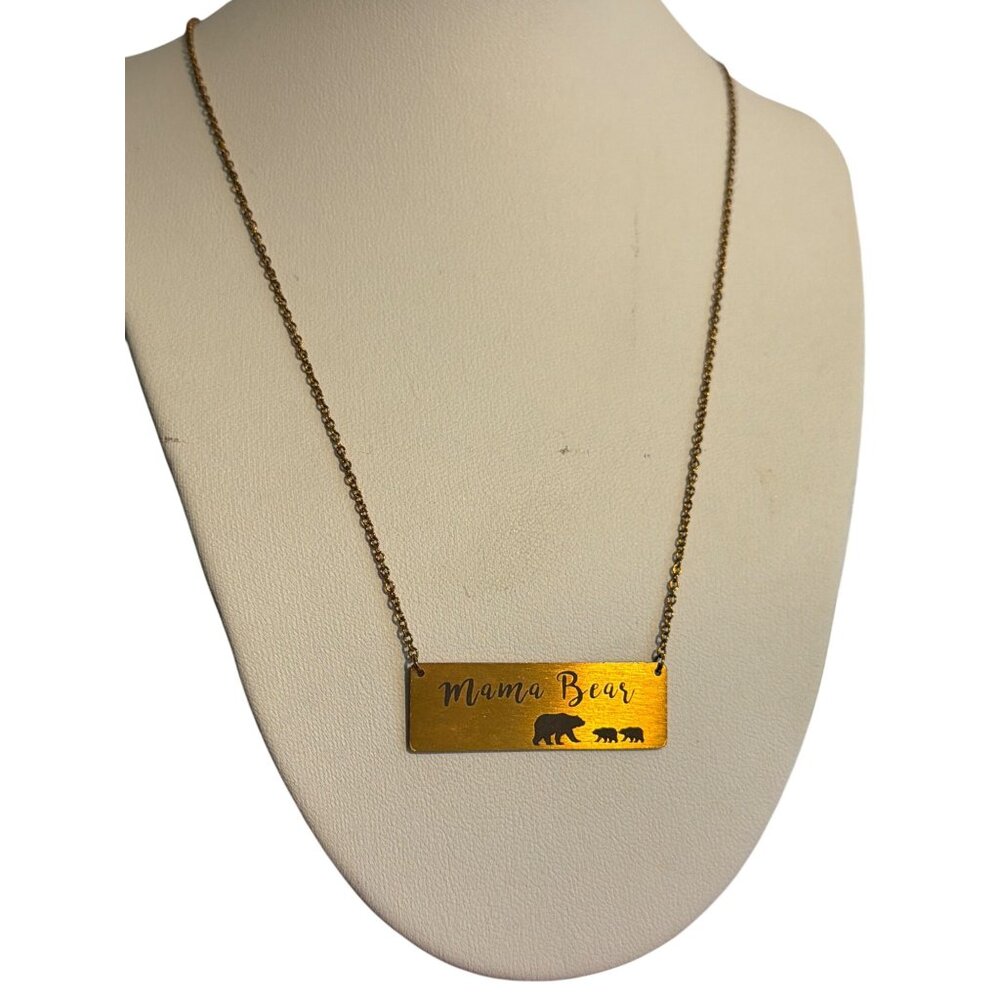 Mama Bear Necklace Gold Plated Bar Pendant Bear Cubs Mothers Day Adj 20" 5.38g